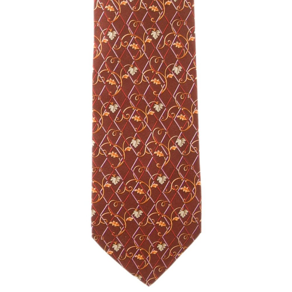 Men Burgundy Taupe Multicolor Nina Ricci silk tie Leaf Motif 100% Silk France
